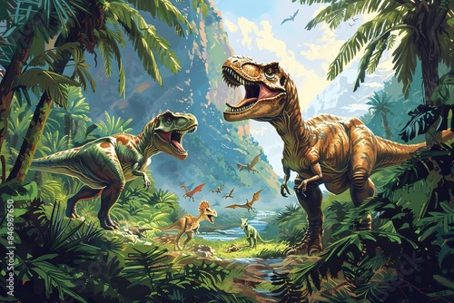 Fototapeta Naklejka Na Ścianę i Meble -  dinosaur background with dinosaurs playing in a jungle