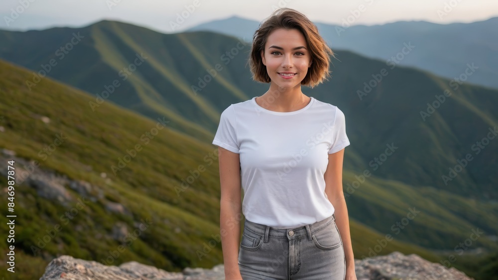 Naklejka premium Young woman with short hair wearing white t-shirt and grey jeans standing on a mountain