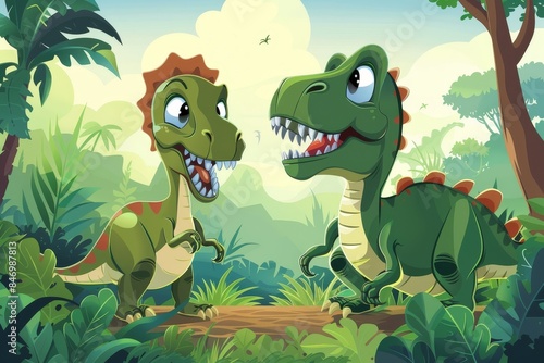dinosaur background with cartoon TRex and Brontosaurus