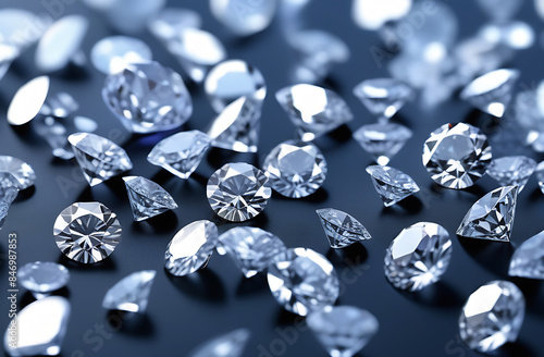 Close up of diamonds various cuts and sizes on dark blue background.