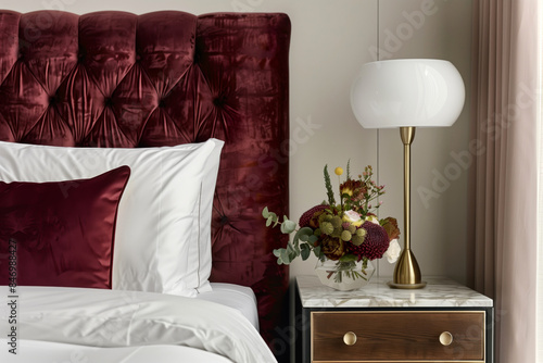 A modern minimalist red velvet bed with a night table on the side with a lamp and a vase with flowers photo