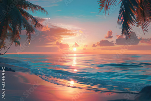 A beautiful tropical sunset over a calm sea, with palm trees framing the serene beach and colorful sky. Perfect for vacation themes.