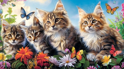 adorable cat background with kittens and butterflies