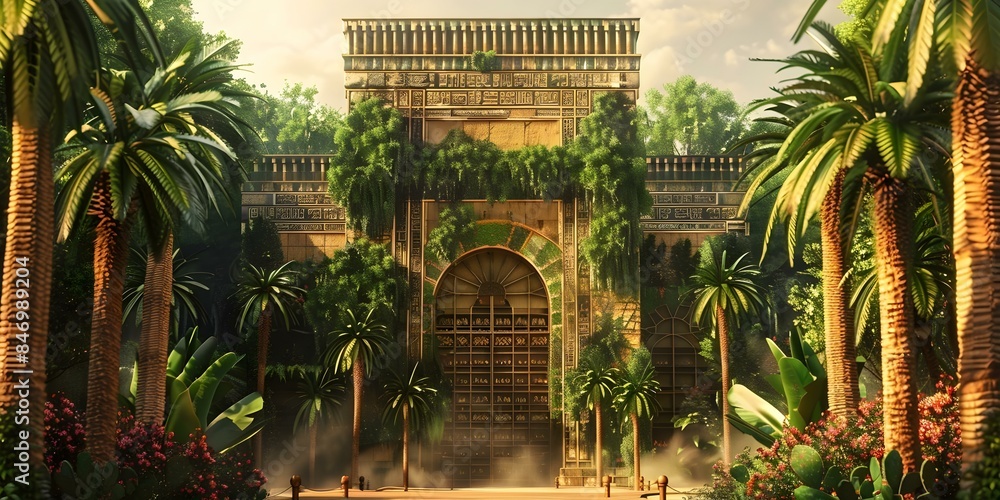 Gate of Babylon combined with hanging gardens of Babylon. Concept ...