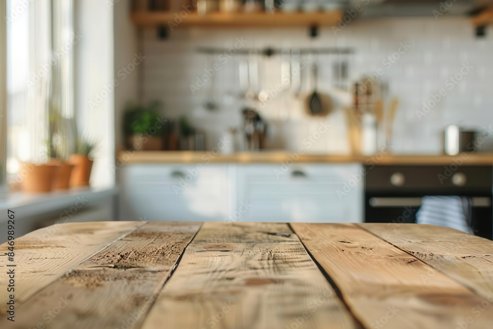 Cozy kitchen interior with rustic wooden table in the foreground, bright natural light, and modern white tile backsplash. Cozy kitchen interior with rustic wooden table in the foreground, bright natural light, and modern white tile backsplash.