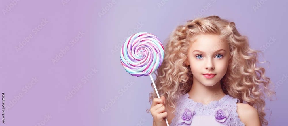 Fototapeta premium Young girl holding a large lollipop candy with surreal art concept on light purple backdrop. with copy space image. Place for adding text or design