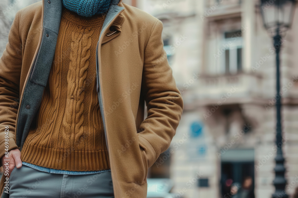 Man wearing stylish autumn outfit, including a beige coat, mustard sweater, and gray trousers, standing in an urban setting. Man wearing stylish autumn outfit, including a beige coat, mustard sweater, and gray trousers, standing in an urban setting.