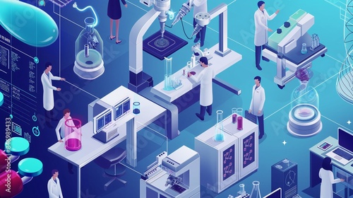 High-tech isometric Illustration biotech laboratory advanced research equipment, Concept of biotechnology, scientific innovation