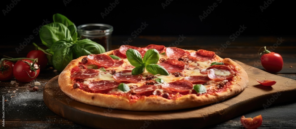 Delicious pizza topped with basil, tomatoes, and pepperoni presented on a rustic wooden board. with copy space image. Place for adding text or design Delicious pizza topped with basil, tomatoes, and pepperoni presented on a rustic wooden board. with copy space image. Place for adding text or design