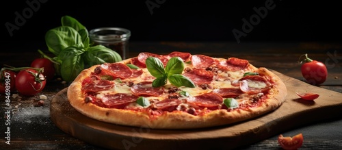 Delicious pizza topped with basil  tomatoes  and pepperoni presented on a rustic wooden board. with copy space image. Place for adding text or design