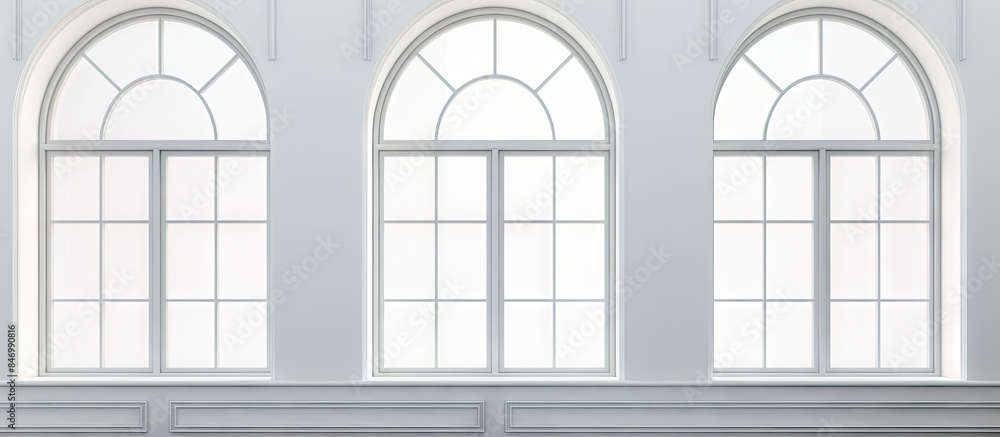 White room features three arched windows with a bench in between them, creating a simple and elegant interior. with copy space image. Place for adding text or design White room features three arched windows with a bench in between them, creating a simple and elegant interior. with copy space image. Place for adding text or design