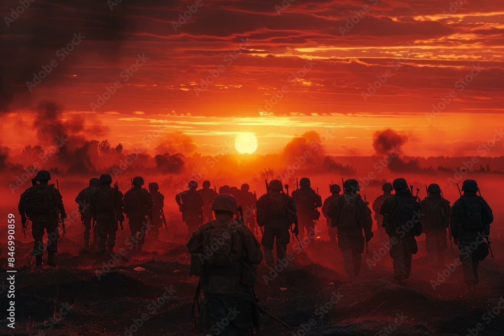 Silhouetted soldiers march towards the horizon under a fiery sunset sky Silhouetted soldiers march towards the horizon under a fiery sunset sky