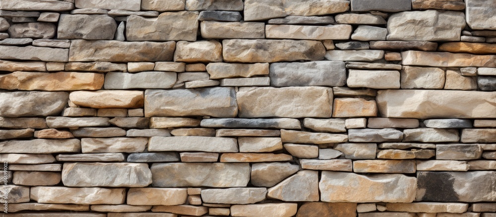 Obraz premium Stone wall featuring a central fire hydrant, blending natural elements with man-made cement finishing for a seamless look. with copy space image. Place for adding text or design