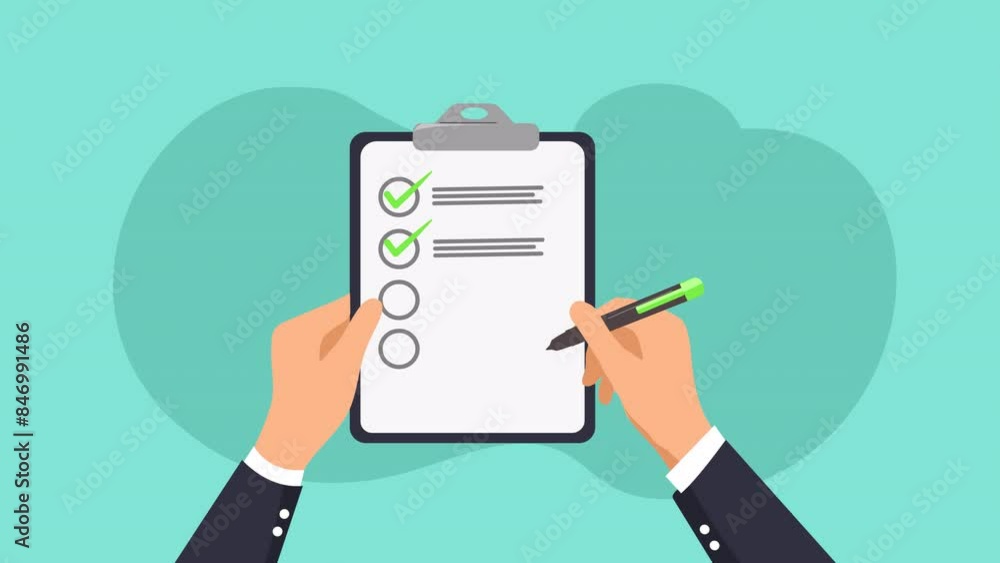 Animation of Hand Validate a business Document by Marking Check marks and Write Signature on Checklist Clipboard. motion graphics. Animation of Hand Validate a business Document by Marking Check marks and Write Signature on Checklist Clipboard. motion graphics.