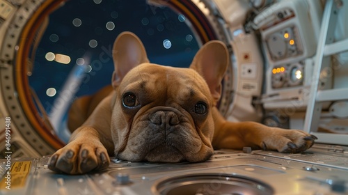 A French Bulldog stares out of a spaceship window, looking bored with space travel. photo