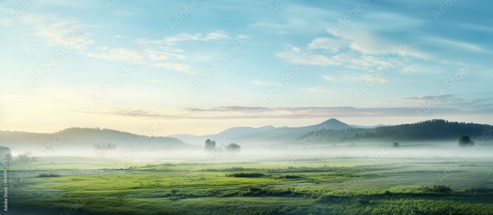 Misty early morning scene with a field stretching out into the horizon, a mountain in the background. with copy space image. Place for adding text or design Misty early morning scene with a field stretching out into the horizon, a mountain in the background. with copy space image. Place for adding text or design