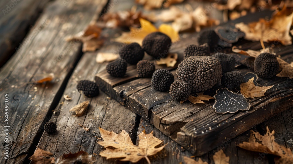 A wooden table covered in leaves and black berries A wooden table covered in leaves and black berries