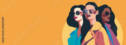 Different beautiful with glasses, strong feminist women together, women of different cultures and nationalities. Space for text. Vector concept of movement for gender equality and women's empowerment