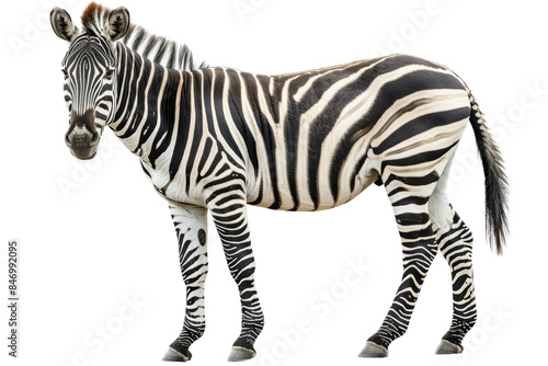 A solitary zebra stands in clear view, showcasing its distinctive black and white stripes against a transparent background.