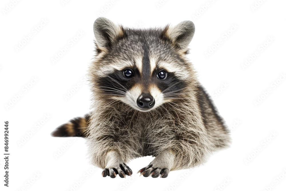 Adorable raccoon sitting and looking at the camera with its black and grey fur, isolated on a transparent background. Adorable raccoon sitting and looking at the camera with its black and grey fur, isolated on a transparent background.