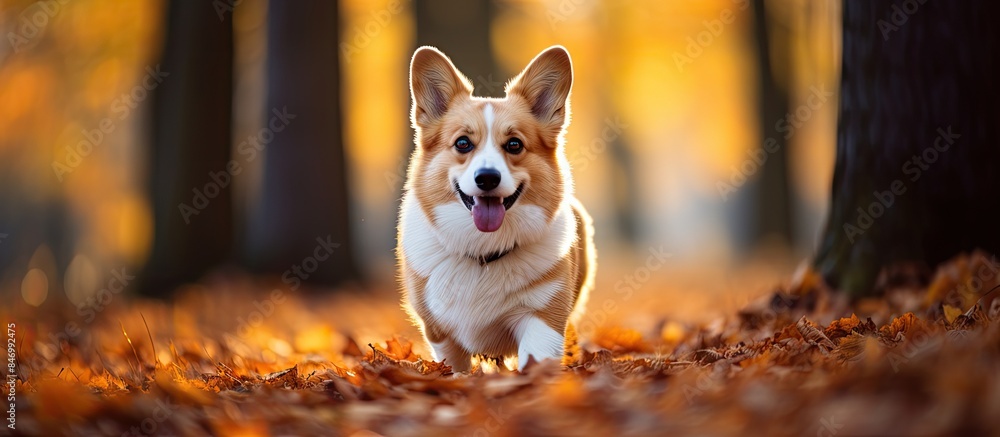 A lively Pembroke Welsh Corgi joyfully running through a picturesque forest filled with autumn leaves during a relaxing walk in the park. with copy space image. Place for adding text or design A lively Pembroke Welsh Corgi joyfully running through a picturesque forest filled with autumn leaves during a relaxing walk in the park. with copy space image. Place for adding text or design