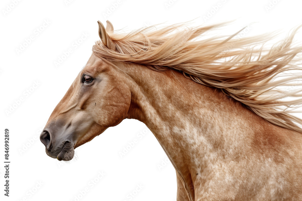 Obraz premium Close-up of a beautiful brown horse with flowing mane isolated on transparent background. Perfect for equestrian themes and animal-related projects.