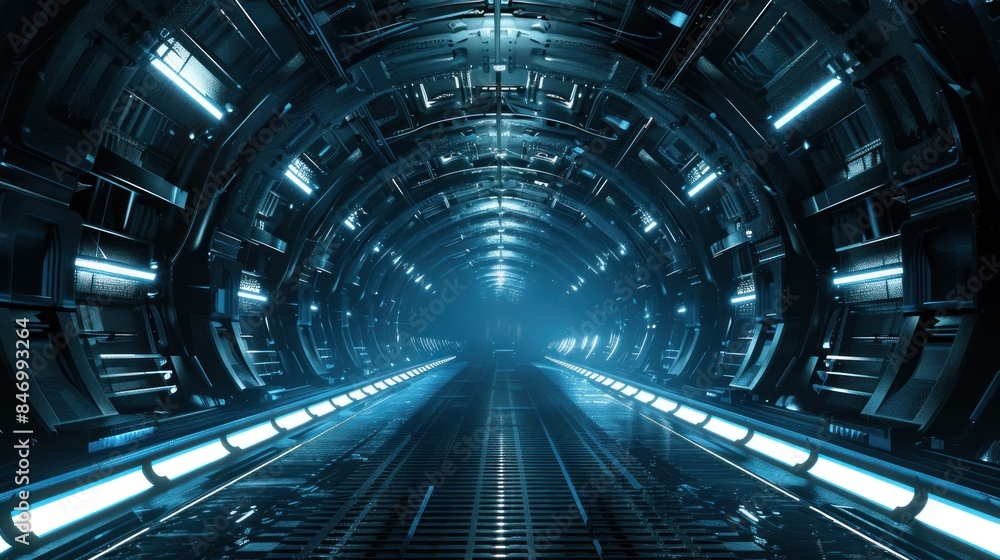 Illustration Sci-fi 3D inspired futuristic tunnel in a grunge concrete setting, with reflective flooring and glowing blue-white LED lights. Ai generated image Illustration Sci-fi 3D inspired futuristic tunnel in a grunge concrete setting, with reflective flooring and glowing blue-white LED lights. Ai generated image