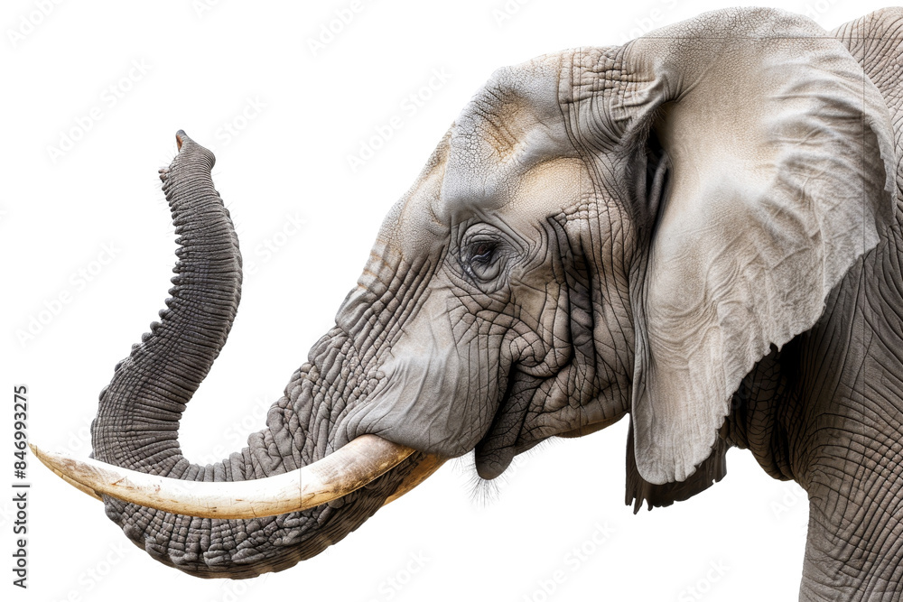 Fototapeta premium Close-up of a majestic African Elephant with detailed wrinkled skin and large tusks, isolated on a transparent background.