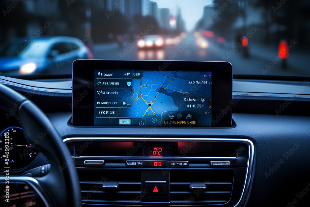 transport, destination and modern technology concept - car salon with navigation system on dashboard and meteo sensor on windshield over night lights background transport, destination and modern technology concept - car salon with navigation system on dashboard and meteo sensor on windshield over night lights background