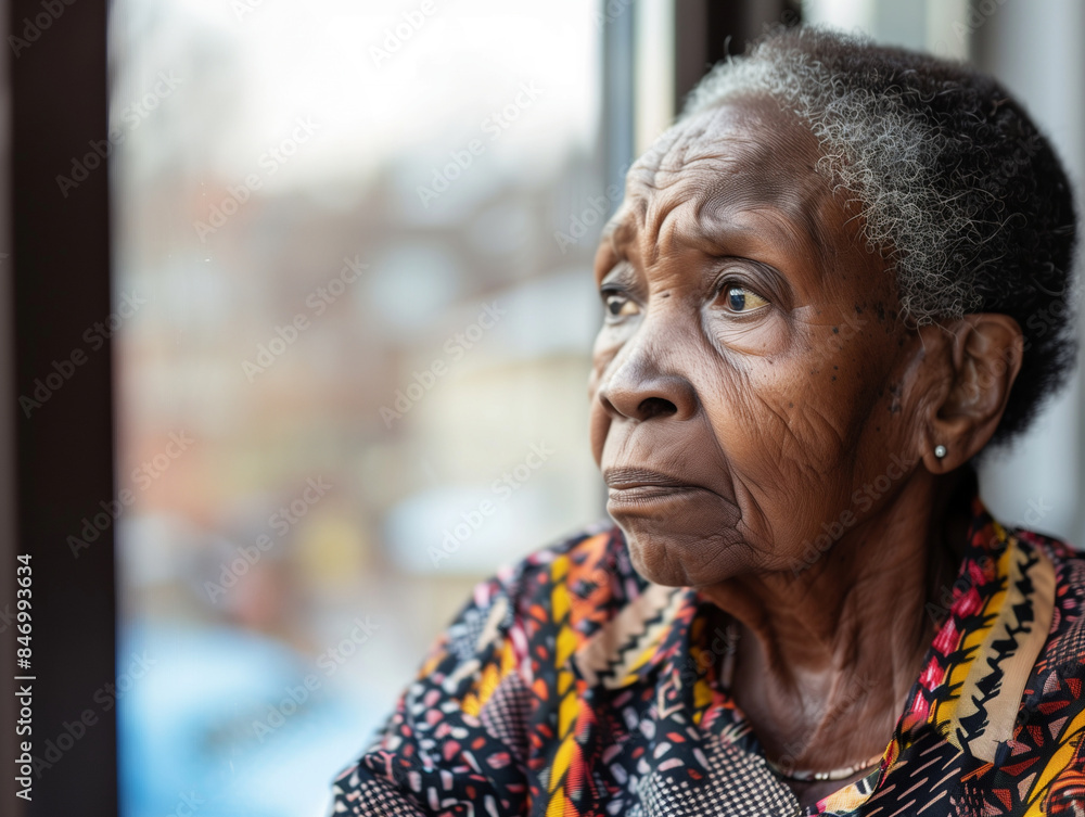 An elderly woman sadly looking out the window An elderly woman sadly looking out the window