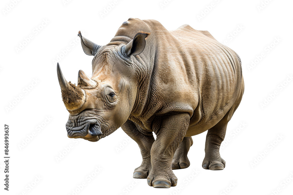 Obraz premium Close-up of a powerful rhinoceros standing with a detailed display of its thick skin and large horn on a transparent background.