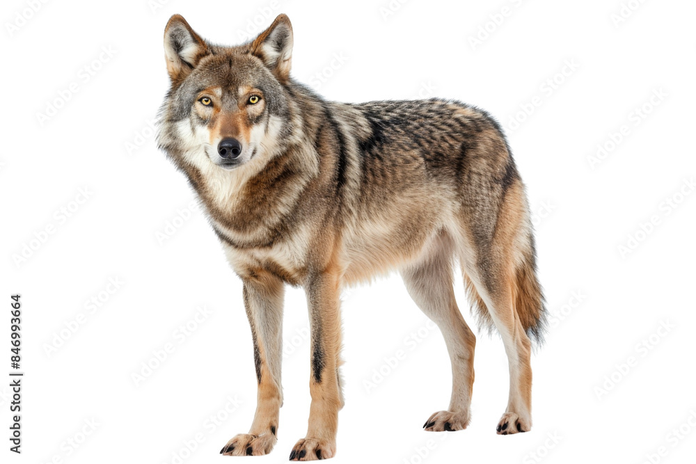 Close-up of a standing wolf isolated on transparent background. showcasing the majestic and powerful presence of this wild animal. Close-up of a standing wolf isolated on transparent background. showcasing the majestic and powerful presence of this wild animal.