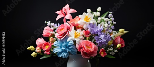 Plastic bouquet of artificial flowers beautifully arranged in a vase on a table with a black background  ideal for women s day or Mother s day. with copy space image. Place for adding text or design