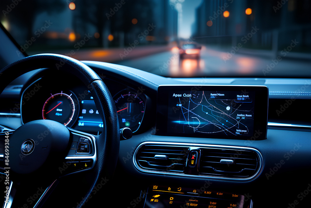 transport, destination and modern technology concept - car salon with navigation system on dashboard and meteo sensor on windshield over night lights background transport, destination and modern technology concept - car salon with navigation system on dashboard and meteo sensor on windshield over night lights background