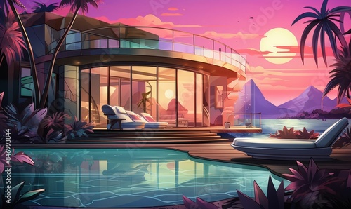 Luxury lifestyle spa flat design, side view, relaxation retreat, cartoon drawing, tetradic color scheme