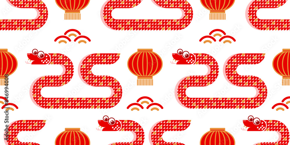 Seamless pattern happy chinese new year 2025 the snake zodiac sign with asian elements paper cut style on color background. ( Translation : happy new year 2024 year of the snake )
Seamless pattern happy chinese new year 2025 the snake zodiac sign with asian elements paper cut style on color background. ( Translation : happy new year 2024 year of the snake )