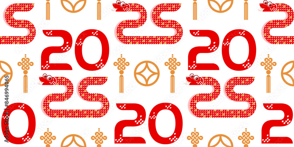 Seamless pattern happy chinese new year 2025 the snake zodiac sign with asian elements paper cut style on color background. ( Translation : happy new year 2024 year of the snake )
Seamless pattern happy chinese new year 2025 the snake zodiac sign with asian elements paper cut style on color background. ( Translation : happy new year 2024 year of the snake )