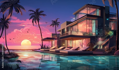 Luxury lifestyle spa flat design, side view, relaxation retreat, cartoon drawing, tetradic color scheme