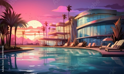 Luxury lifestyle spa flat design, side view, relaxation retreat, cartoon drawing, tetradic color scheme