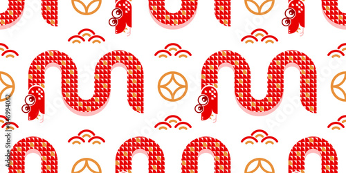 Seamless pattern happy chinese new year 2025 the snake zodiac sign with asian elements paper cut style on color background. ( Translation : happy new year 2024 year of the snake )
