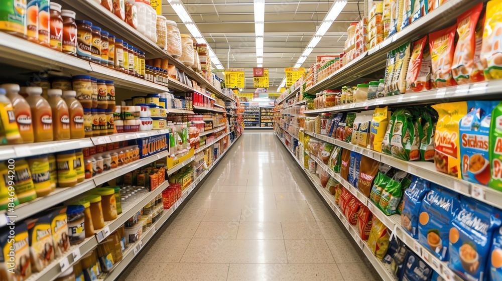 A busy grocery store aisle filled with processed foods, with certain items highlighted to show high sodium levels