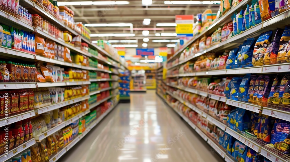 A busy grocery store aisle with shelves stocked with various processed foods, emphasizing labels that list preservatives A busy grocery store aisle with shelves stocked with various processed foods, emphasizing labels that list preservatives