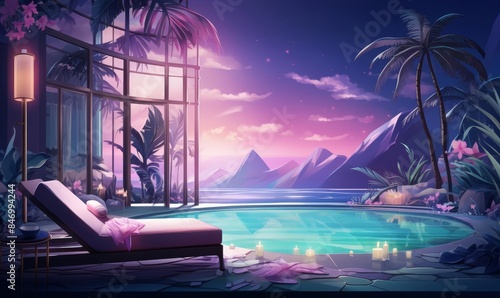 Luxury lifestyle spa flat design, side view, relaxation retreat, cartoon drawing, tetradic color scheme