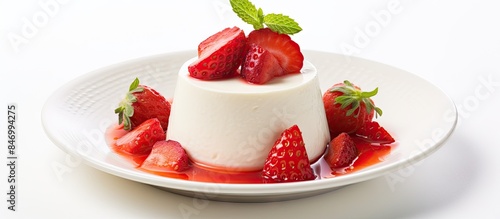 A whimsical dessert featuring a giraffe design, accompanied by fresh strawberries and drizzled with syrup, presented elegantly on a clean white plate. with copy space image