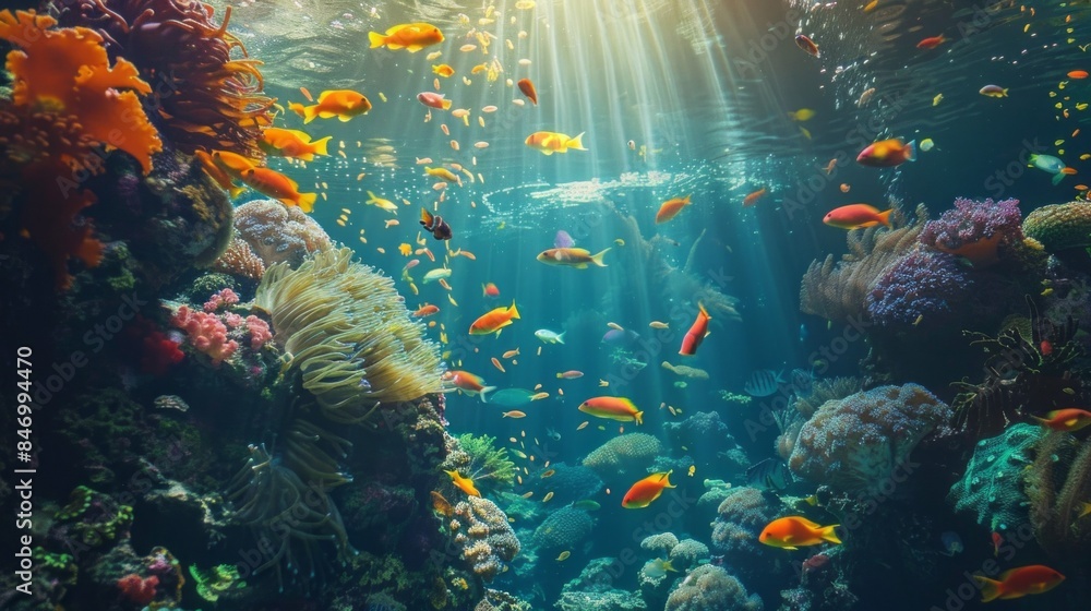 Naklejka premium A colorful underwater scene with many fish swimming around