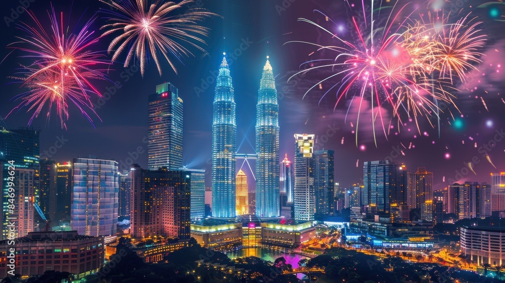 Obraz premium Illustration of the Malaysian skyline, Fireworks over the city of Kuala Lumpur. Ai generated image