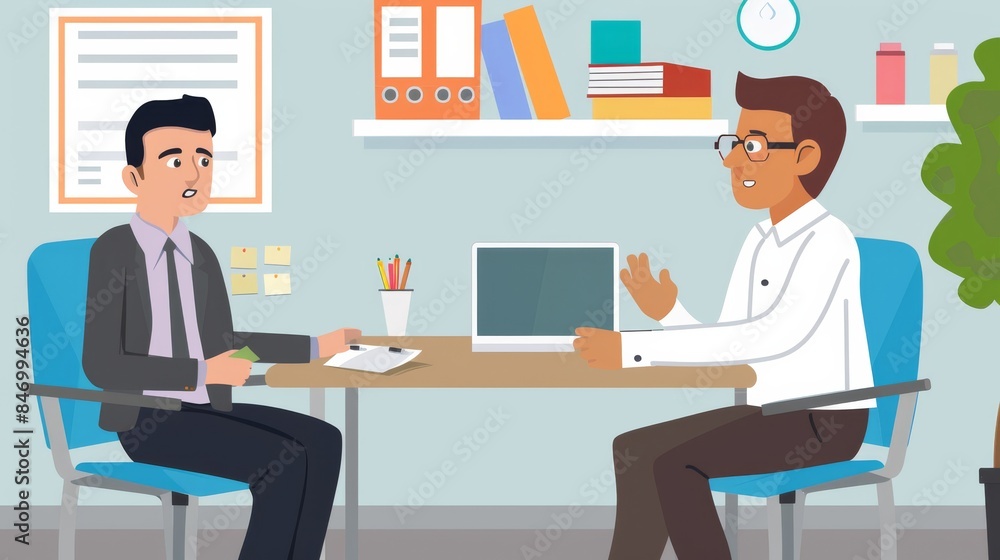 Consultations: Show a consultation between the entrepreneur and a potential customer in a relaxed office environment. Consultations: Show a consultation between the entrepreneur and a potential customer in a relaxed office environment.