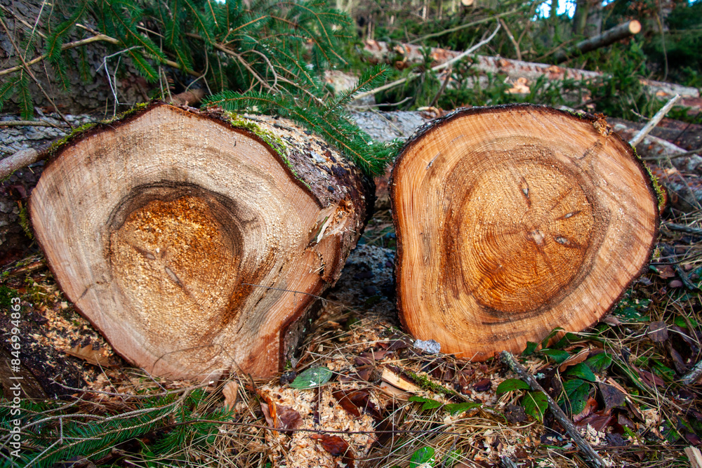 Zwei abgesägte Baumstämme am Waldboden liegend mit Jahresringen Zwei abgesägte Baumstämme am Waldboden liegend mit Jahresringen