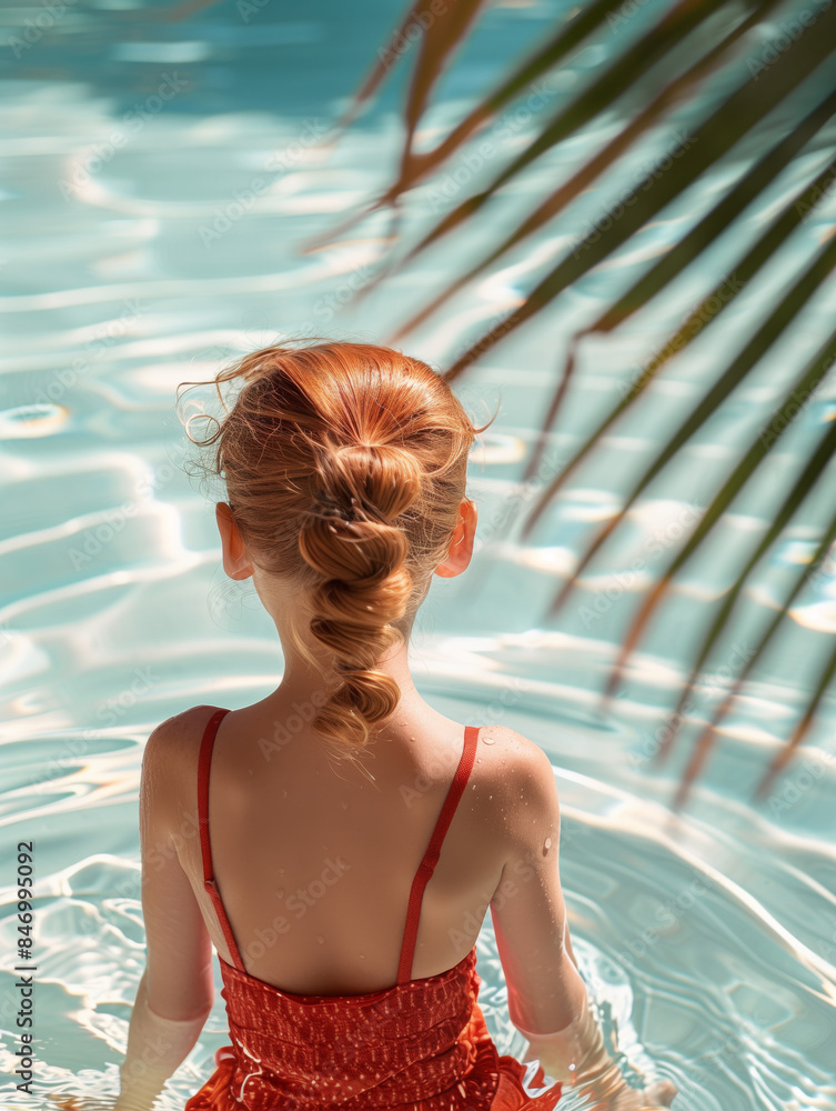 back view portrait of a little redhead girl in the water by the pool wearing a red bathing suit, palm tree shadow, summer back view portrait of a little redhead girl in the water by the pool wearing a red bathing suit, palm tree shadow, summer