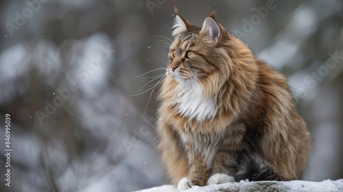 A fluffy brown tabby cat sits in the snow with a calm and serene expression. The background is blurred, creating a soft and gentle ambiance.